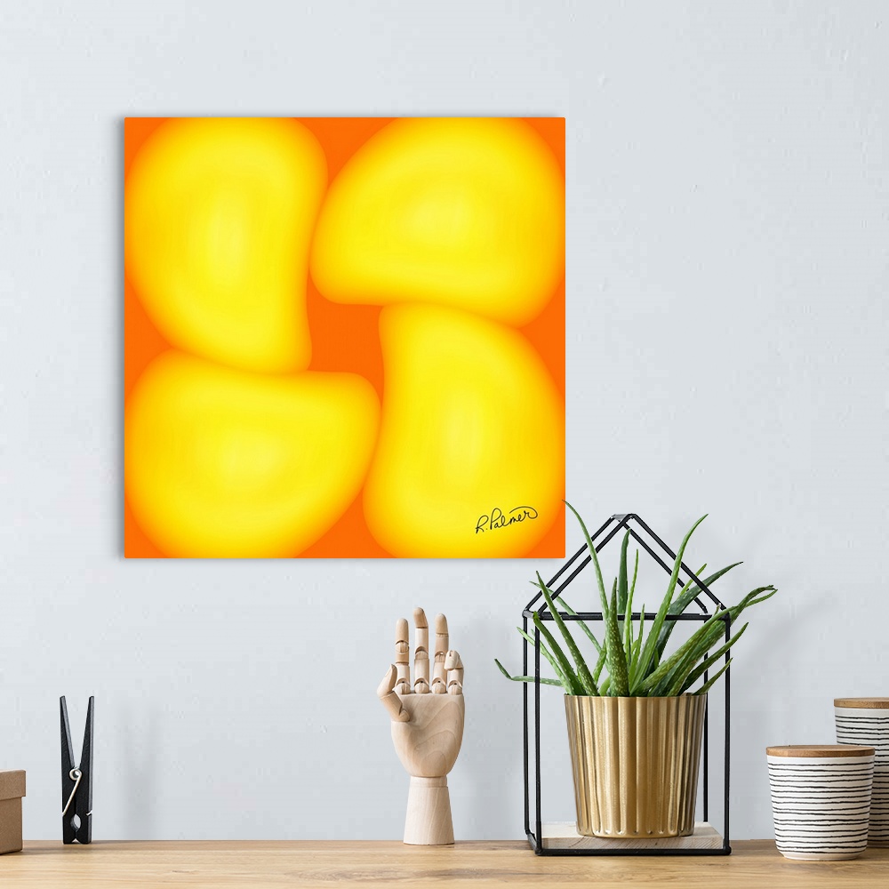 A bohemian room featuring A square image of four blurred yellow shapes against an orange backdrop.