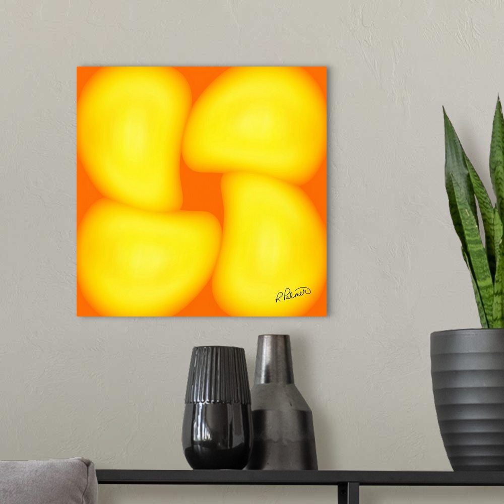 A modern room featuring A square image of four blurred yellow shapes against an orange backdrop.
