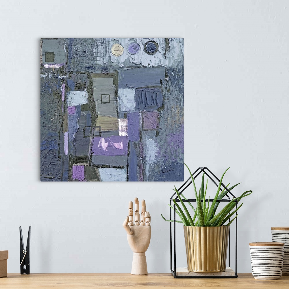 A bohemian room featuring Square abstract painting created with geometric shapes, thick paint, and shades of purple and gra...