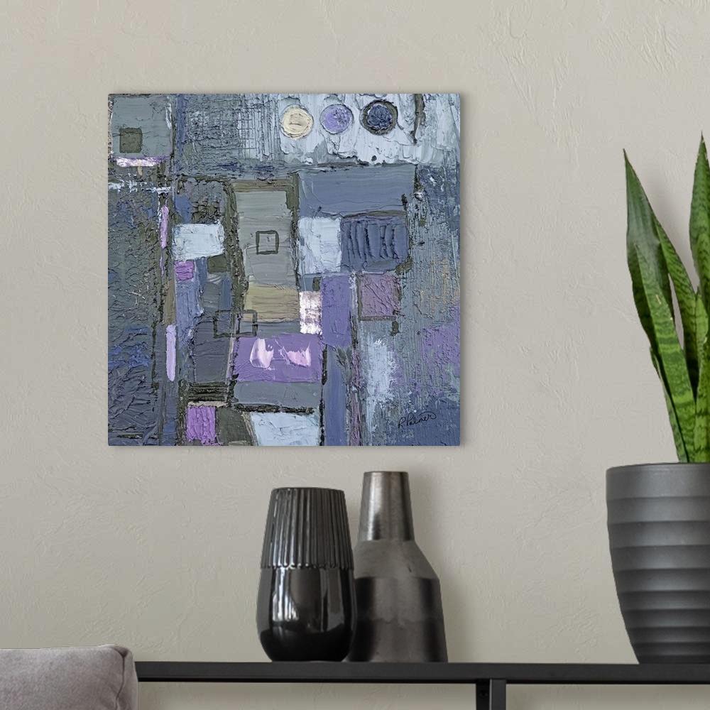 A modern room featuring Square abstract painting created with geometric shapes, thick paint, and shades of purple and gra...