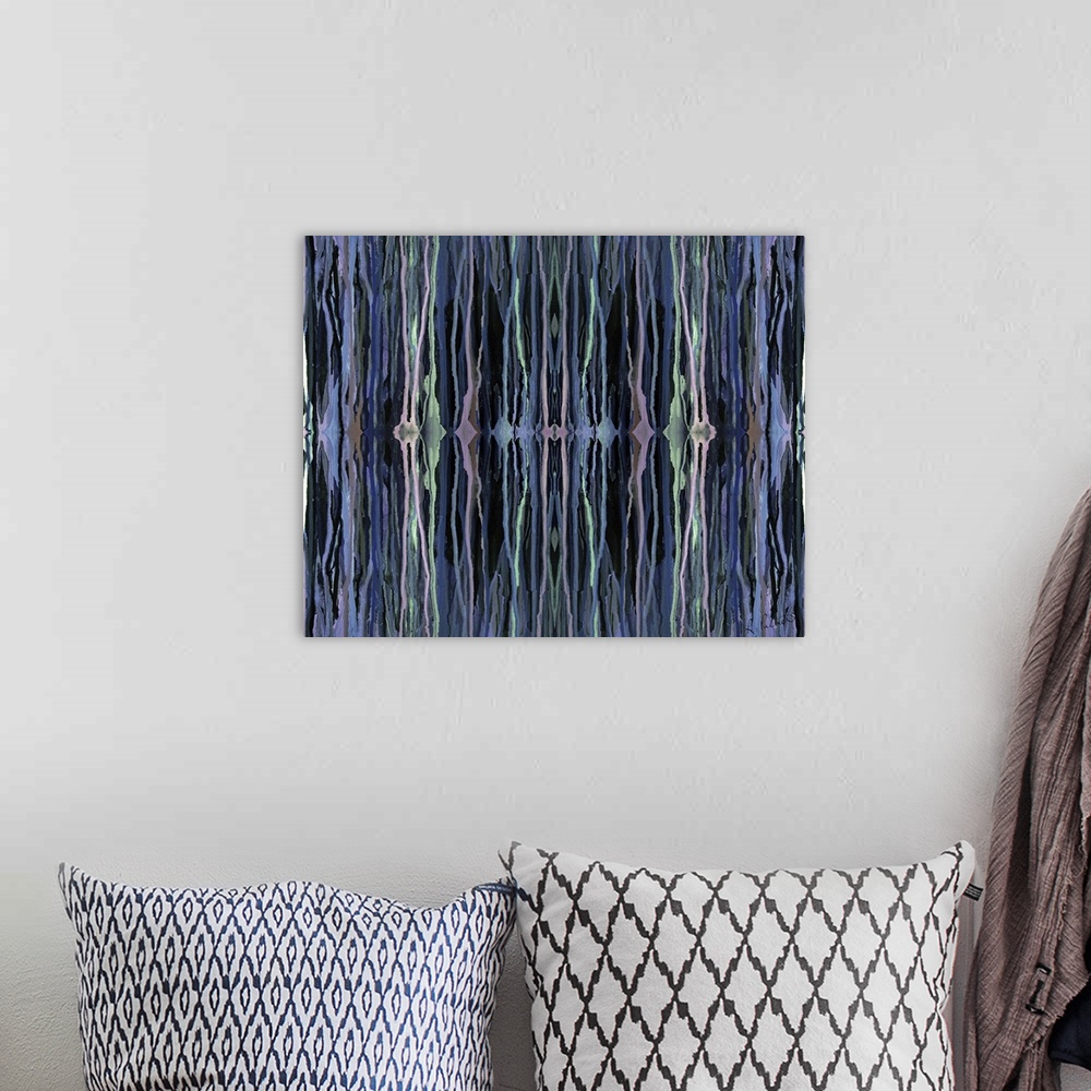 A bohemian room featuring Contemporary abstract painting of vertical neon lines against a dark background.