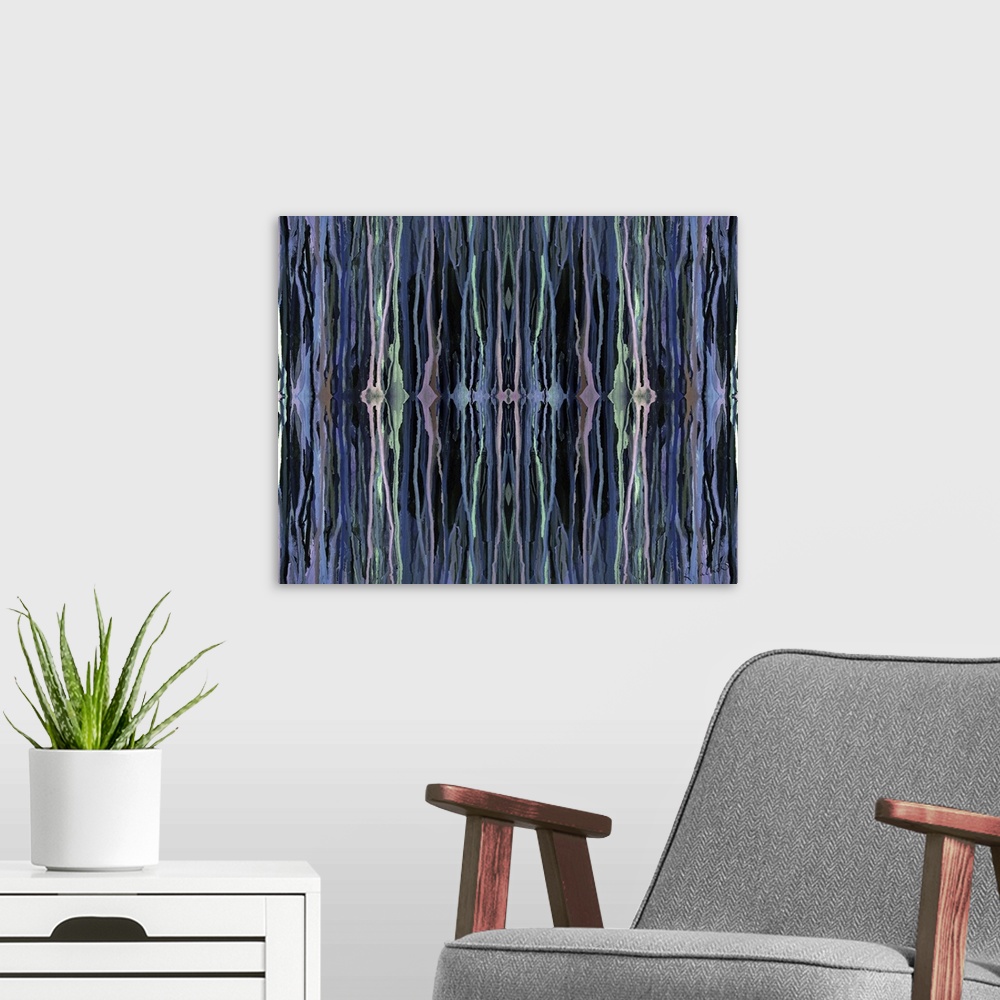 A modern room featuring Contemporary abstract painting of vertical neon lines against a dark background.