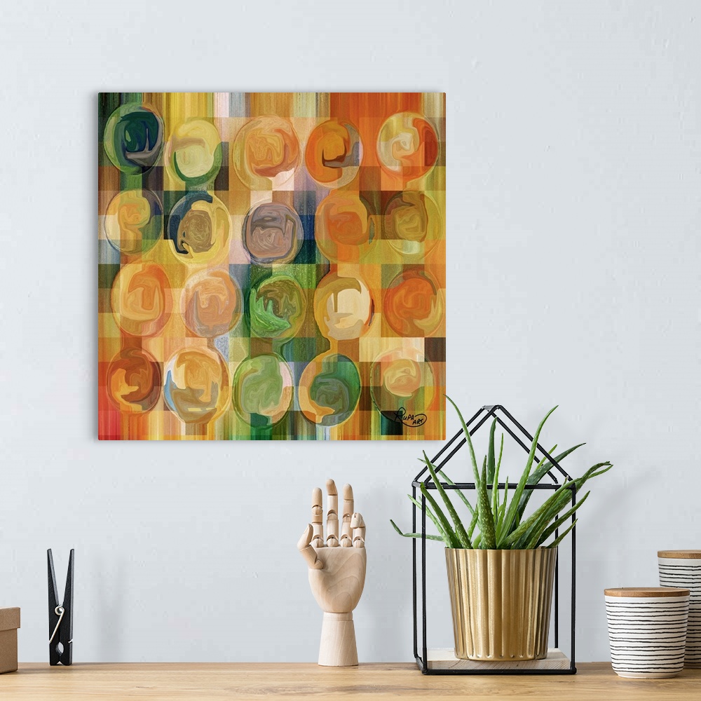 A bohemian room featuring Square abstract art with a colorful checkered background and swirly circles on top.