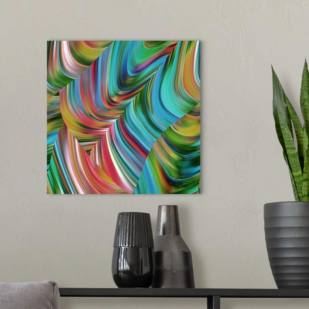 A modern room featuring Square abstract art with gradients of color made out of thin lines and arched together creating m...