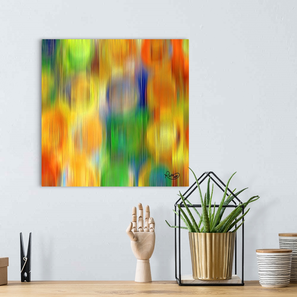 A bohemian room featuring Square abstract art with bleeding vertical lines of color with faint circles behind them.
