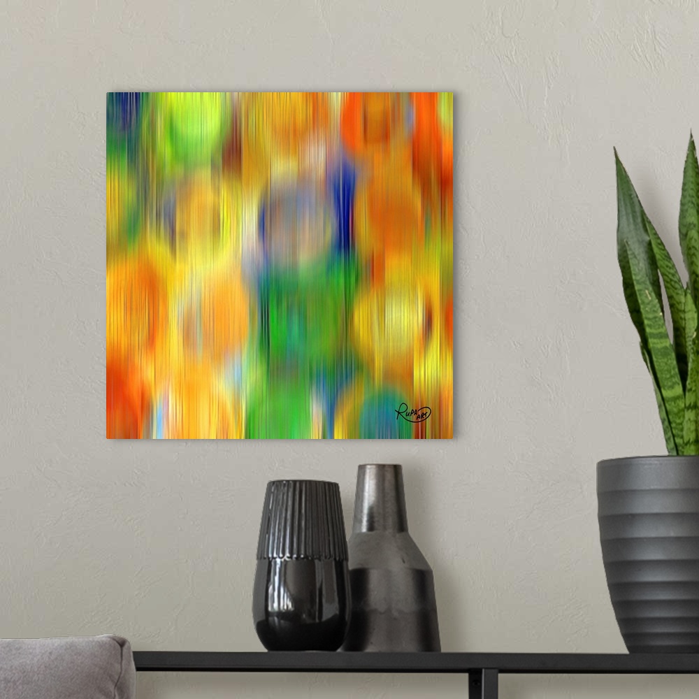 A modern room featuring Square abstract art with bleeding vertical lines of color with faint circles behind them.