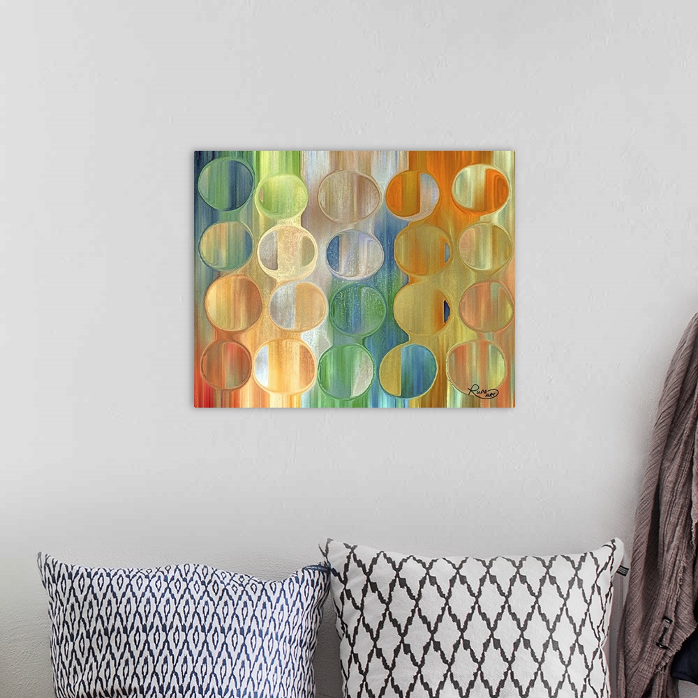 A bohemian room featuring Abstract art with a vertical gradient pattern on the background and thick ringed circles on top g...