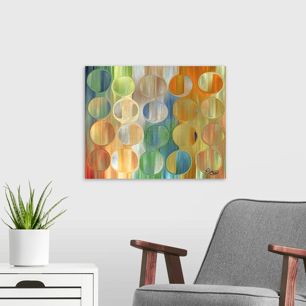 A modern room featuring Abstract art with a vertical gradient pattern on the background and thick ringed circles on top g...