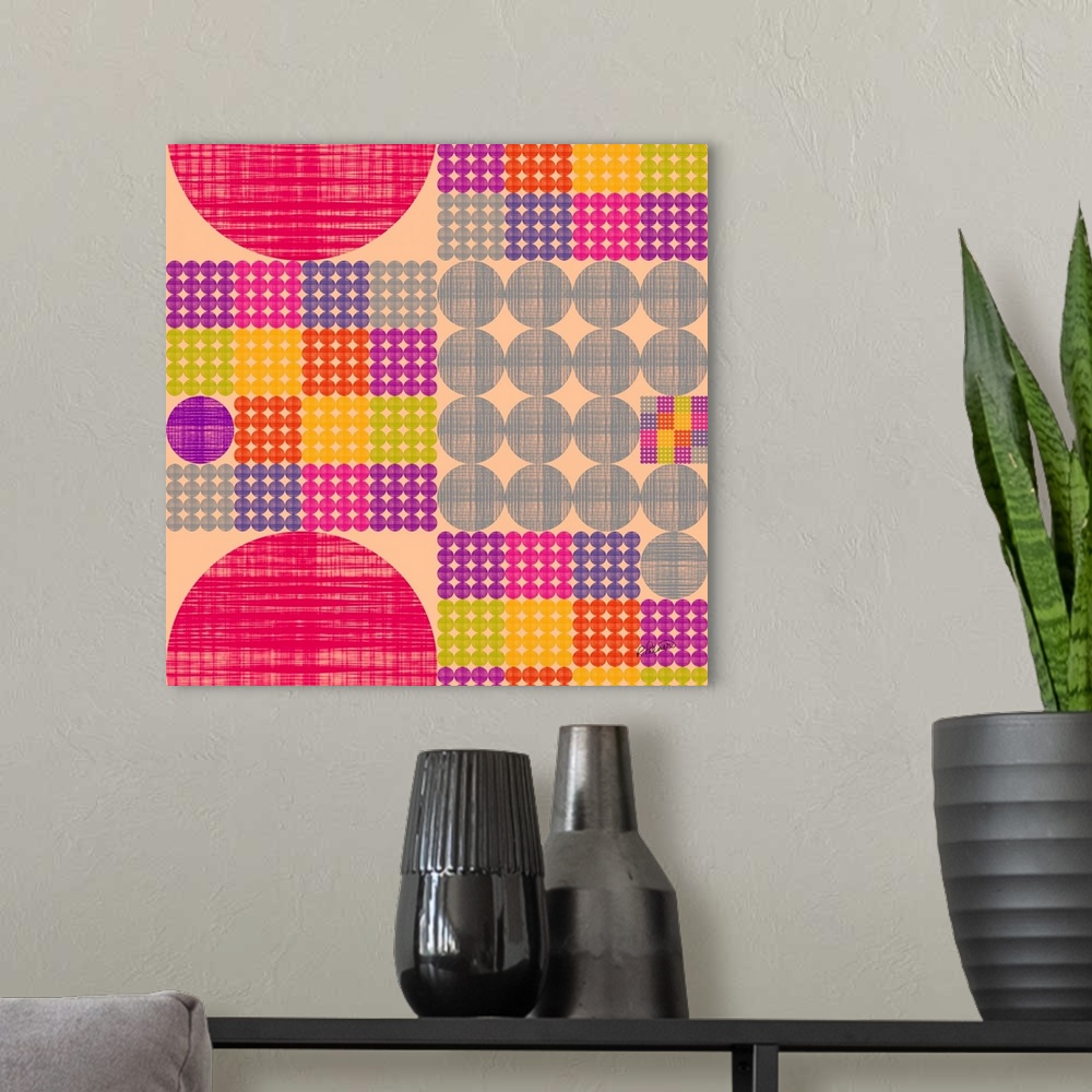 A modern room featuring Square shapes made of rows of circles in a cross hatching pattern in vibrant colors.