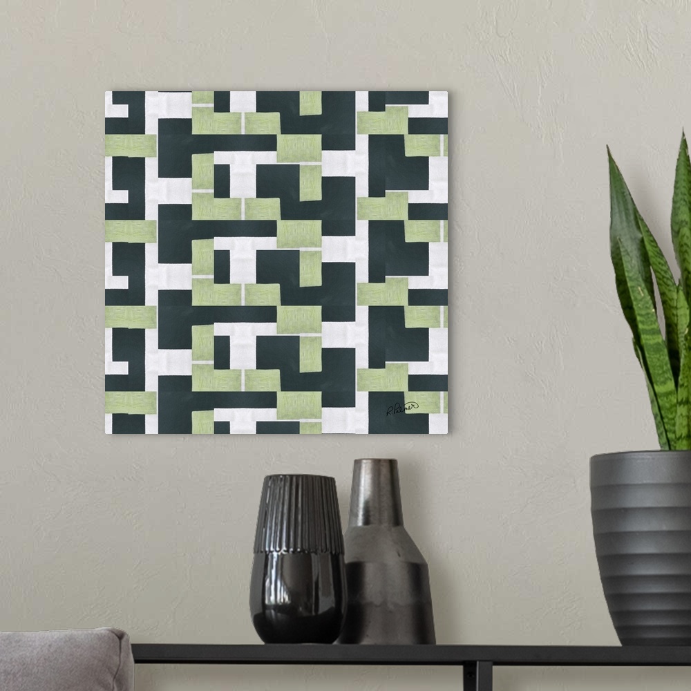 A modern room featuring A square contemporary painting in a repetitive design of green and black blocks against a white b...