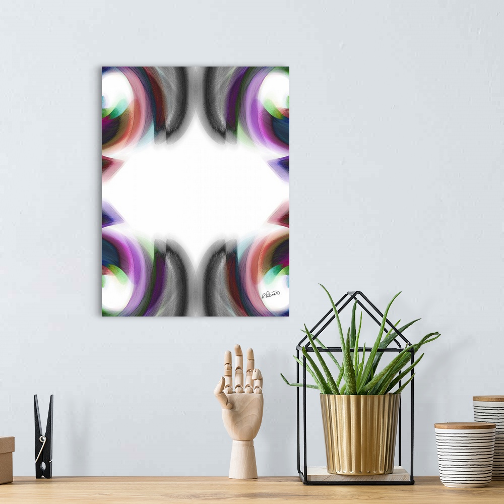 A bohemian room featuring An abstract design of curved colors along the edges on a white backdrop.