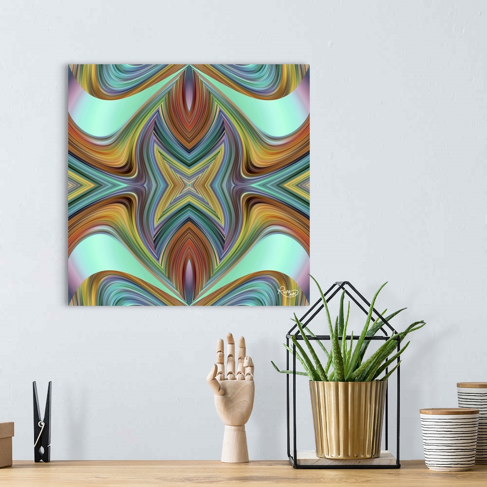 A bohemian room featuring Square abstract in a repetitive design of striped swirled shapes.