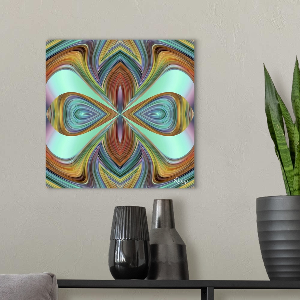 A modern room featuring Square abstract in a repetitive design of striped swirled shapes.