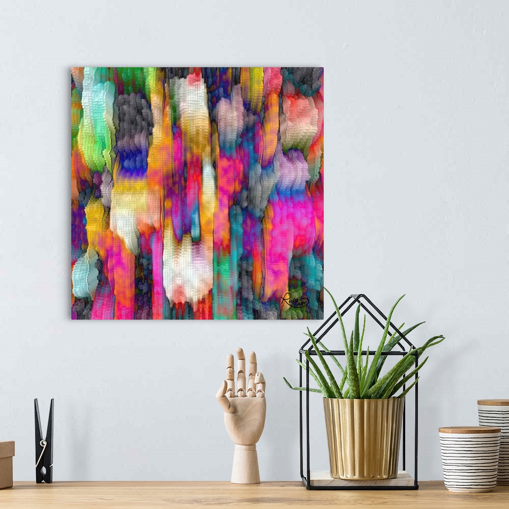A bohemian room featuring Large, colorful abstract art made out of squares and rectangles creating a 3D appearance.