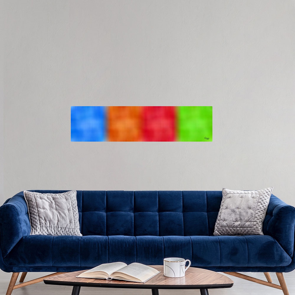 A modern room featuring A long horizontal design of blurred squared colors that faded into each other.