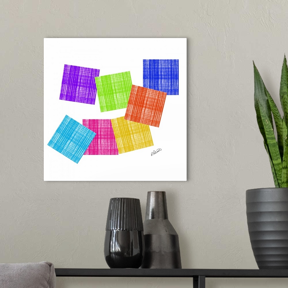 A modern room featuring Vibrant colored boxes in a cross hatching pattern overlapping each other on a white backdrop.
