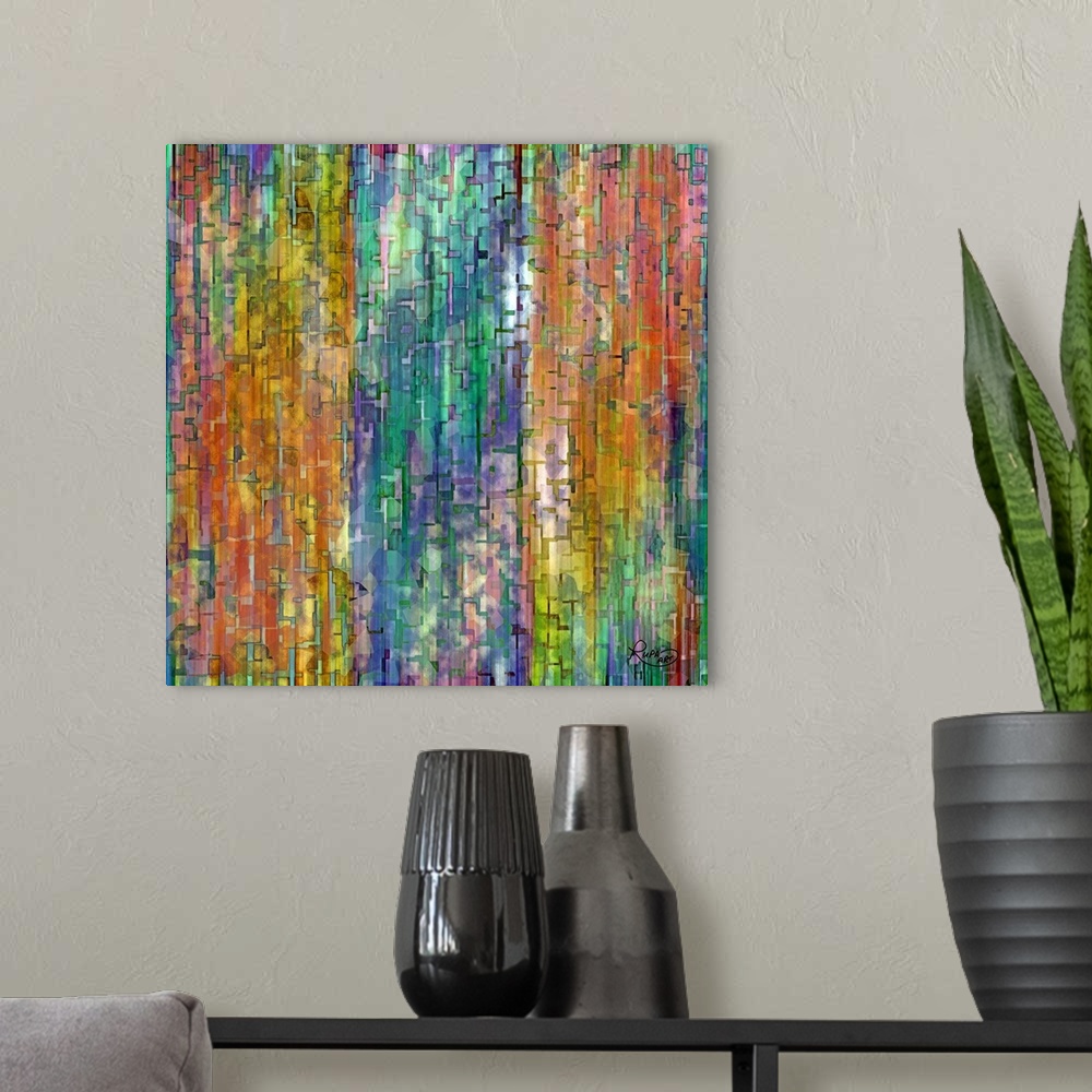 A modern room featuring Square abstract artwork in a rainbow of colors with small block and line shapes.