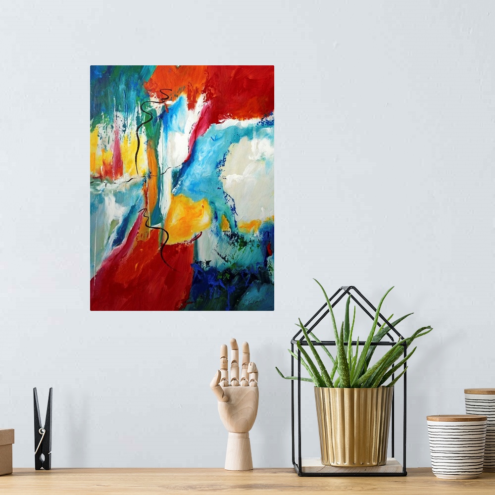 A bohemian room featuring Vertical abstract painting of splashes of bright colors with dark brush stroke scribbled over top.