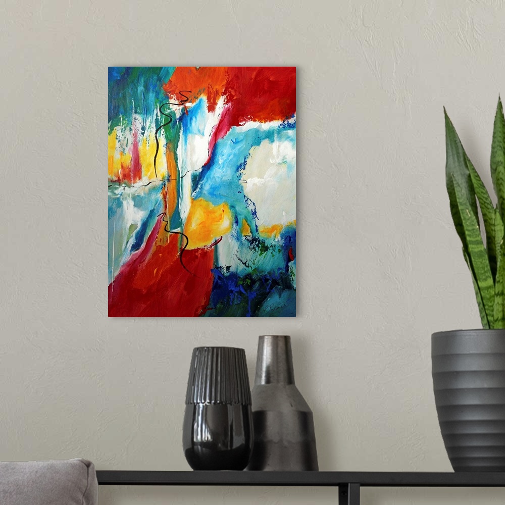 A modern room featuring Vertical abstract painting of splashes of bright colors with dark brush stroke scribbled over top.