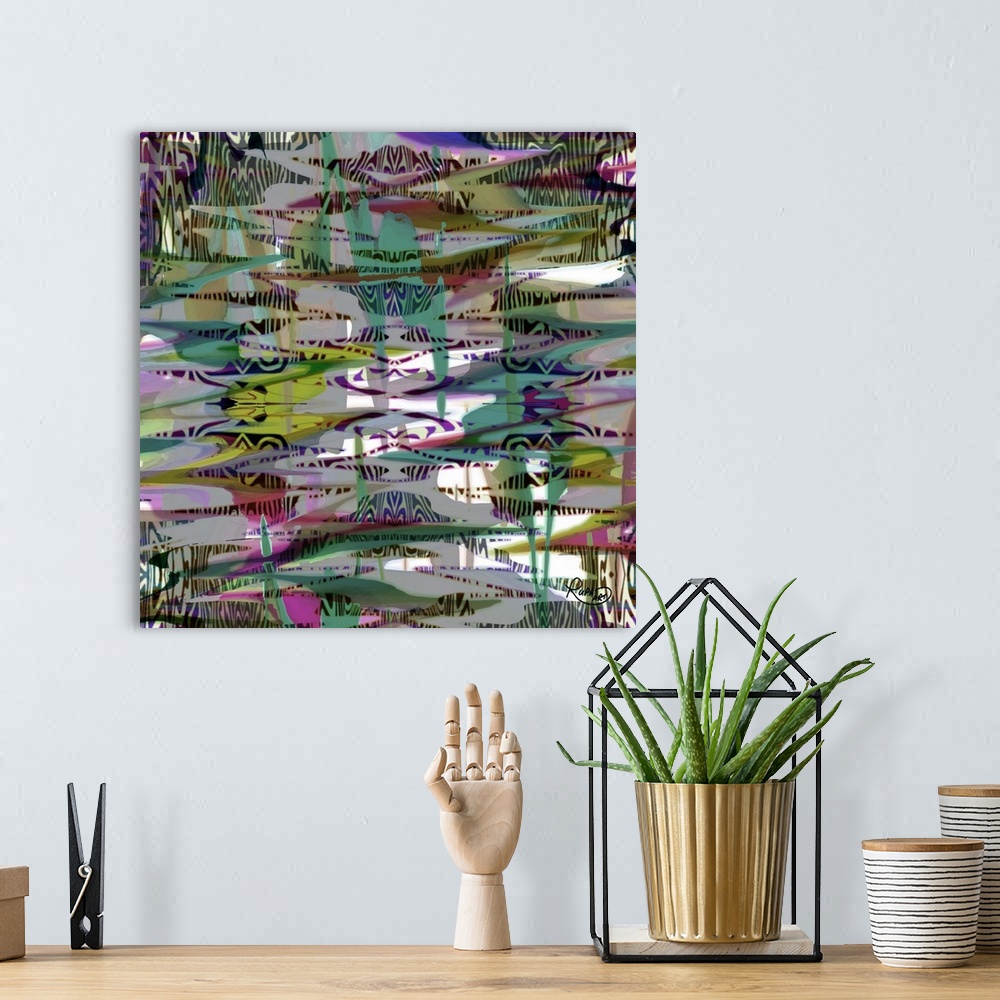 A bohemian room featuring Square abstract art with a busy design in purple, yellow, pink, and green hues.