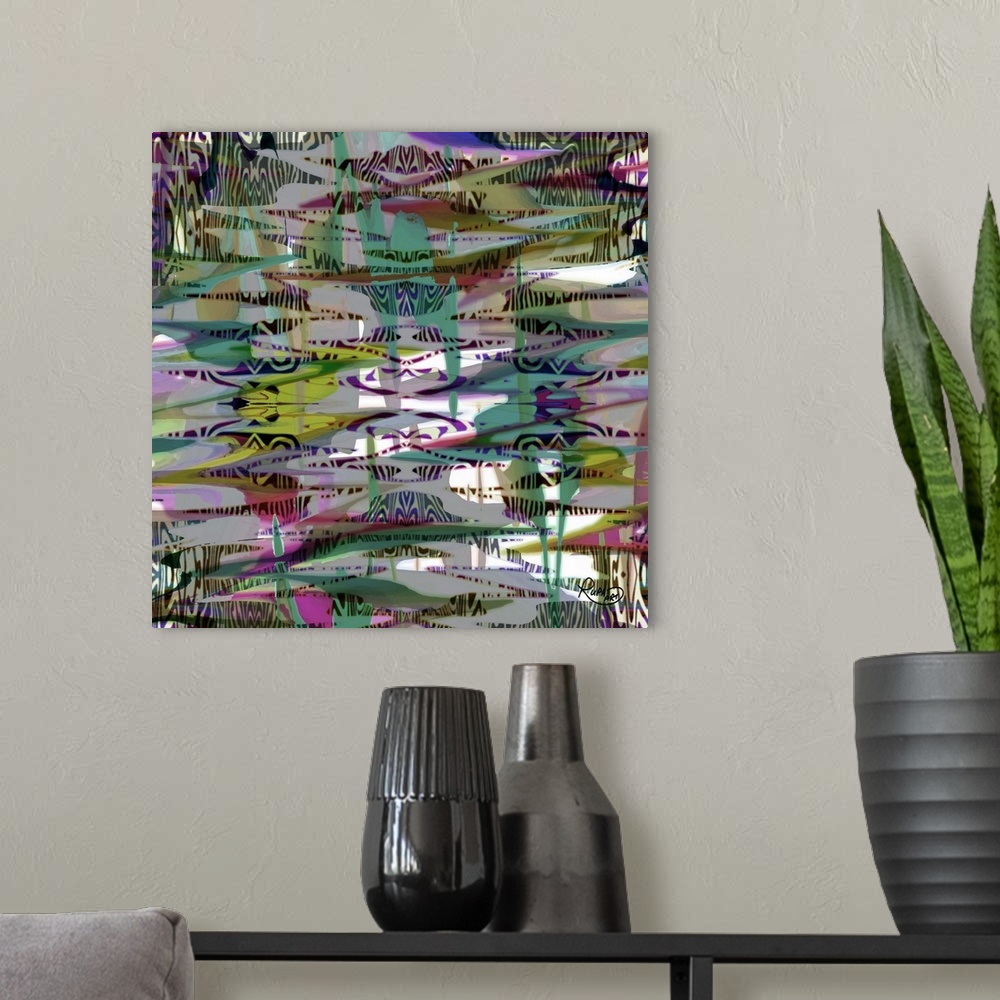 A modern room featuring Square abstract art with a busy design in purple, yellow, pink, and green hues.
