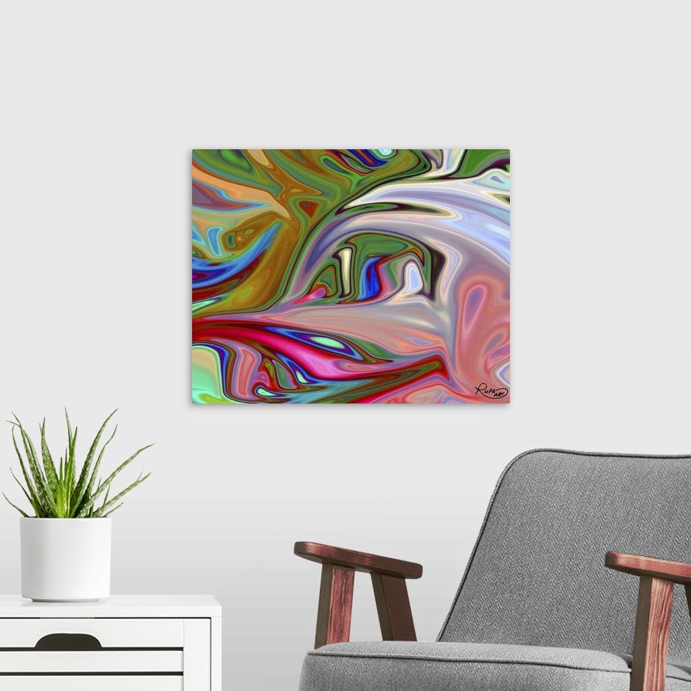 A modern room featuring Square abstract art with lines of different gradient color patterns resting comfortably together ...