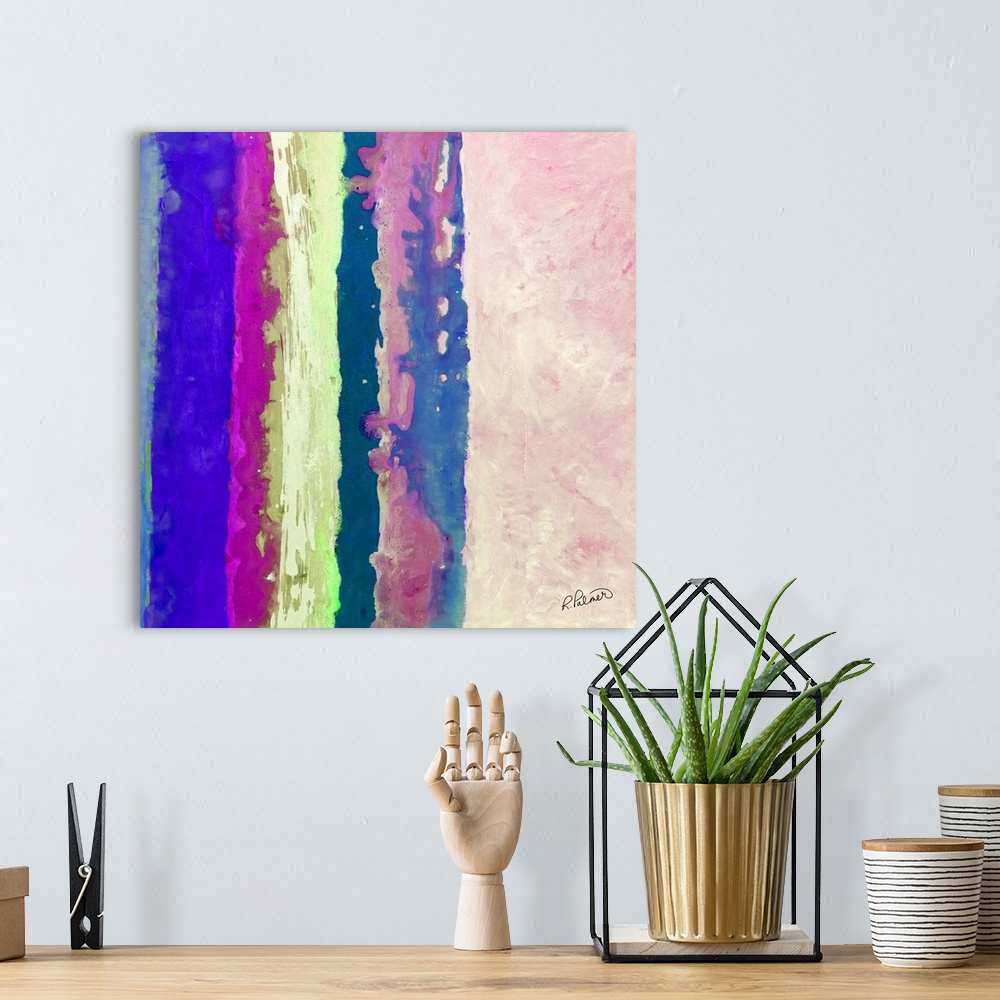 A bohemian room featuring Square abstract painting with vertical sections of color in shades of blue, pink, and green.