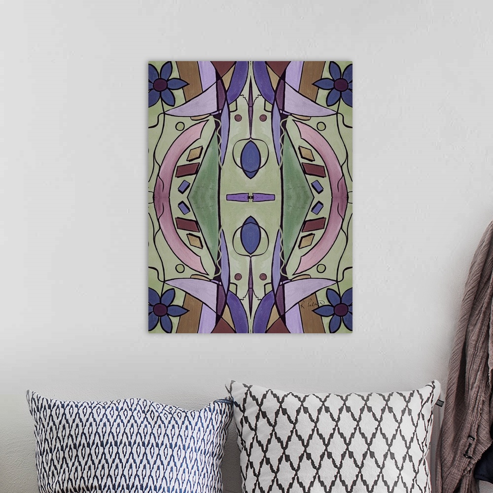 A bohemian room featuring Abstract contemporary painting resembling a kaleidoscopic image, in lavender and green tones.