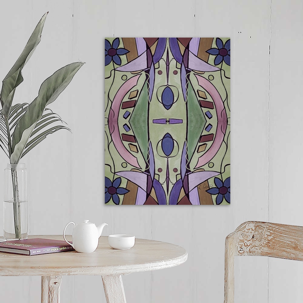 A farmhouse room featuring Abstract contemporary painting resembling a kaleidoscopic image, in lavender and green tones.