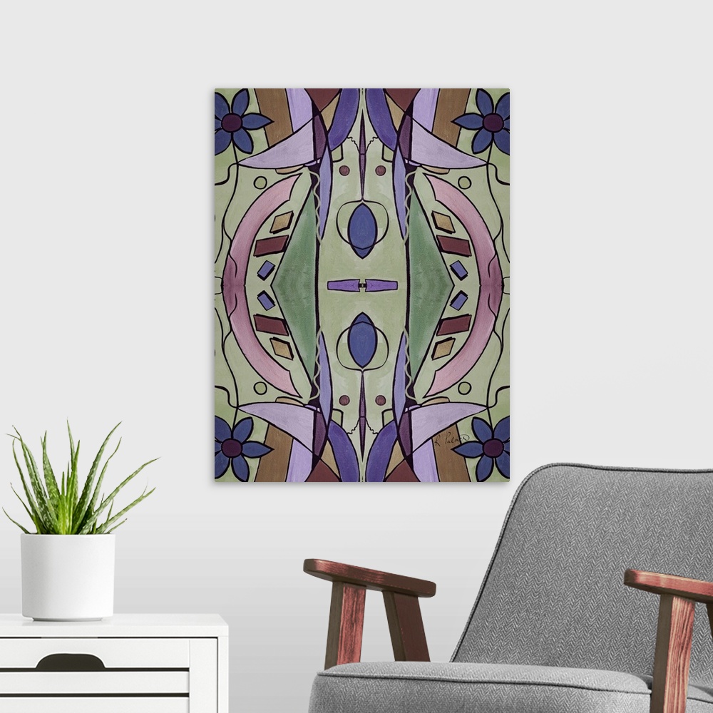 A modern room featuring Abstract contemporary painting resembling a kaleidoscopic image, in lavender and green tones.