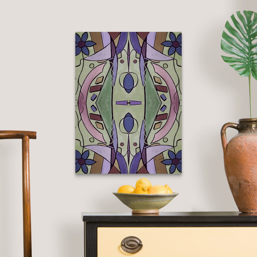 A traditional room featuring Abstract contemporary painting resembling a kaleidoscopic image, in lavender and green tones.