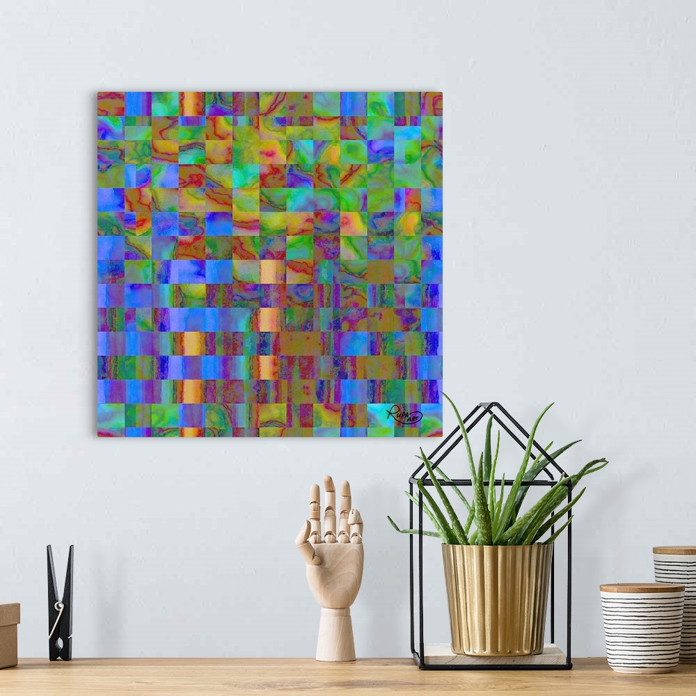 A bohemian room featuring Square abstract art with a square grid pattern in blue, green, and red hues.