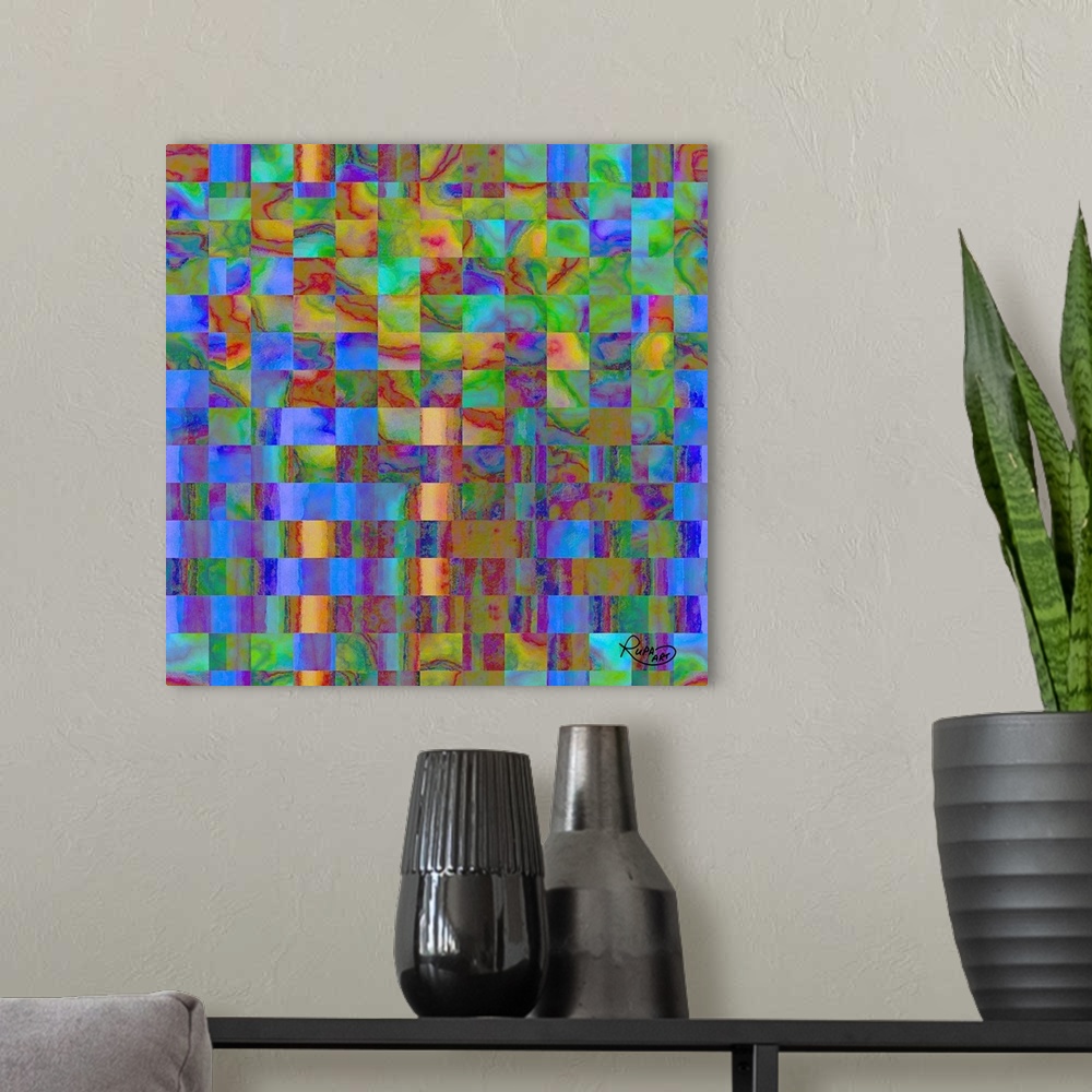 A modern room featuring Square abstract art with a square grid pattern in blue, green, and red hues.