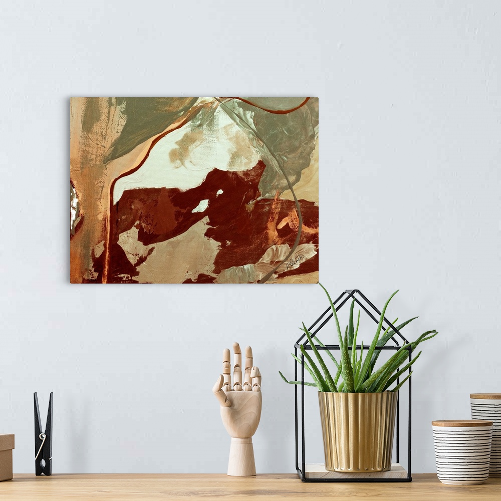 A bohemian room featuring Abstract painting using deep reds and green with contrasting hints of pale orange and white.