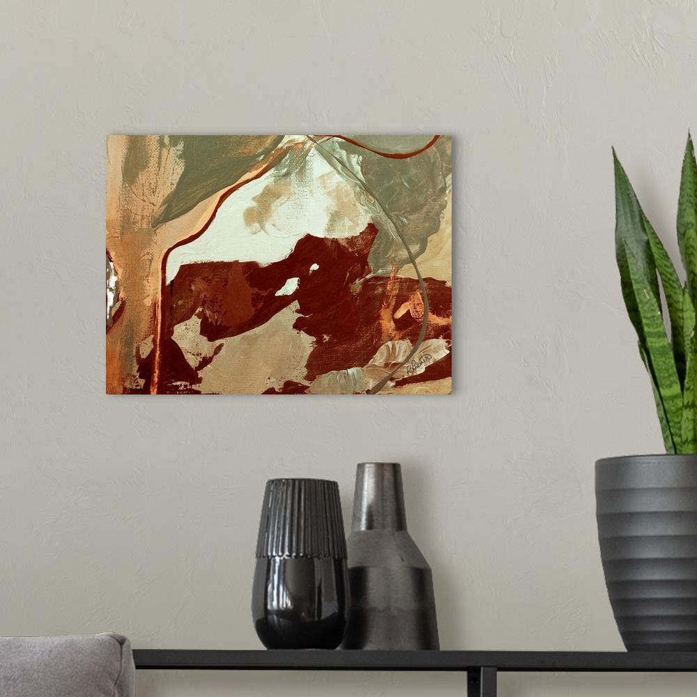 A modern room featuring Abstract painting using deep reds and green with contrasting hints of pale orange and white.