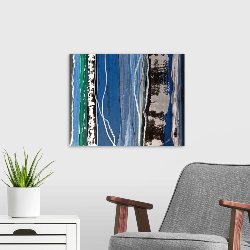 A modern room featuring Abstract painting with vertical sections of color and designs in blue, green, white, black, and g...