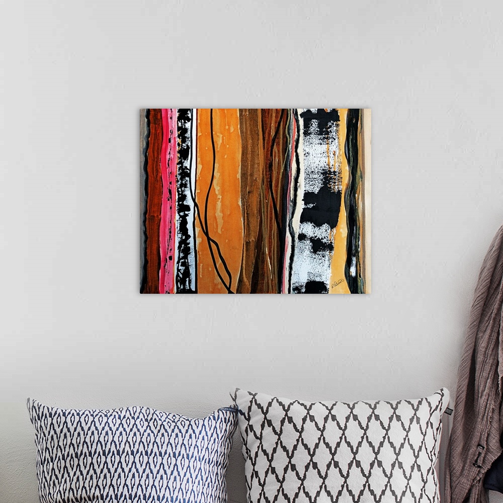 A bohemian room featuring Abstract painting with vertical sections of color and designs in orange, brown, pink, black, and ...