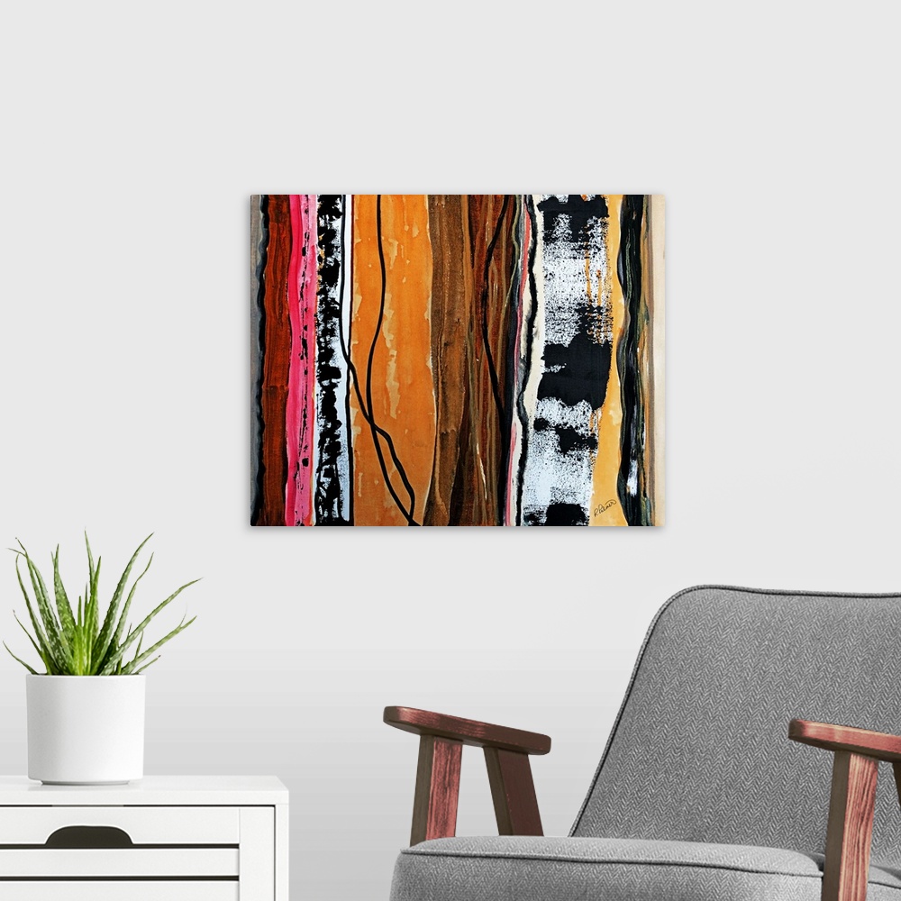 A modern room featuring Abstract painting with vertical sections of color and designs in orange, brown, pink, black, and ...