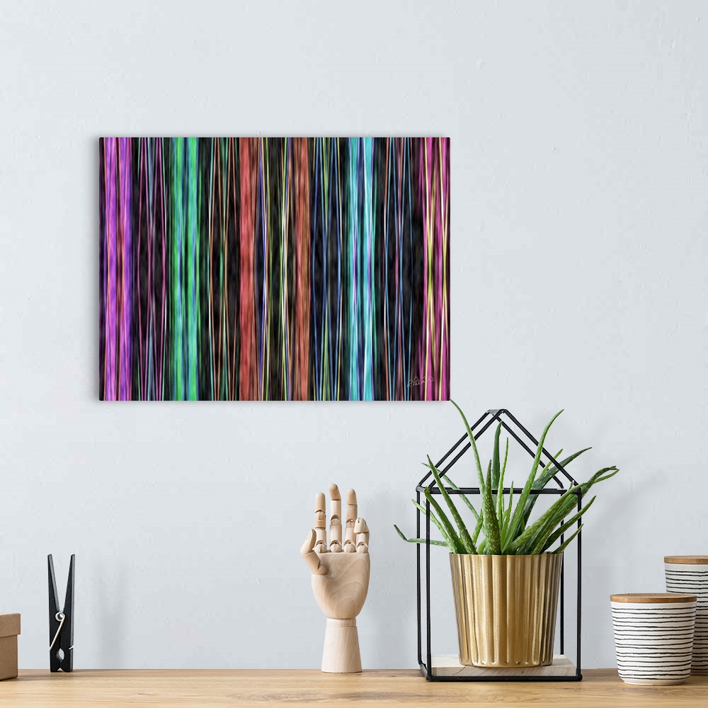 A bohemian room featuring An abstract design of vertical lines in varies sizes and vibrant colors.