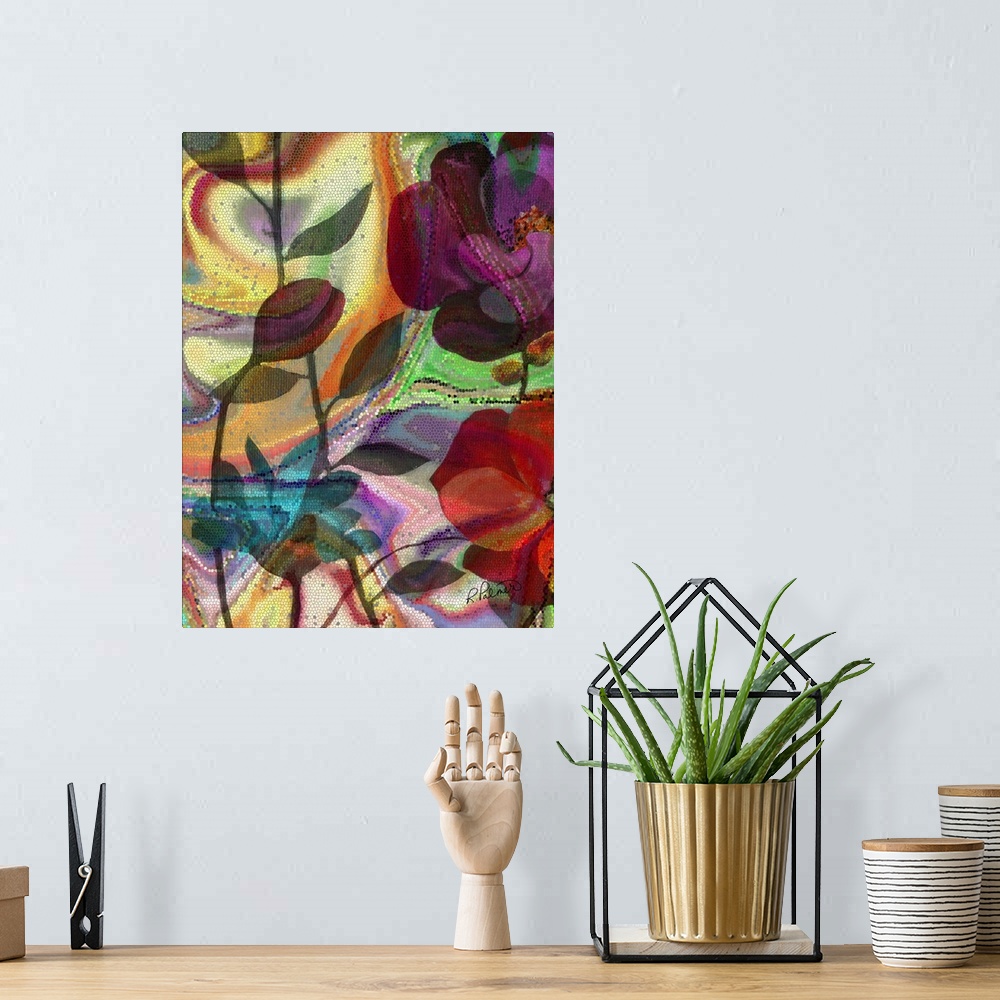 A bohemian room featuring Colorful floral art made in a mosaic style.