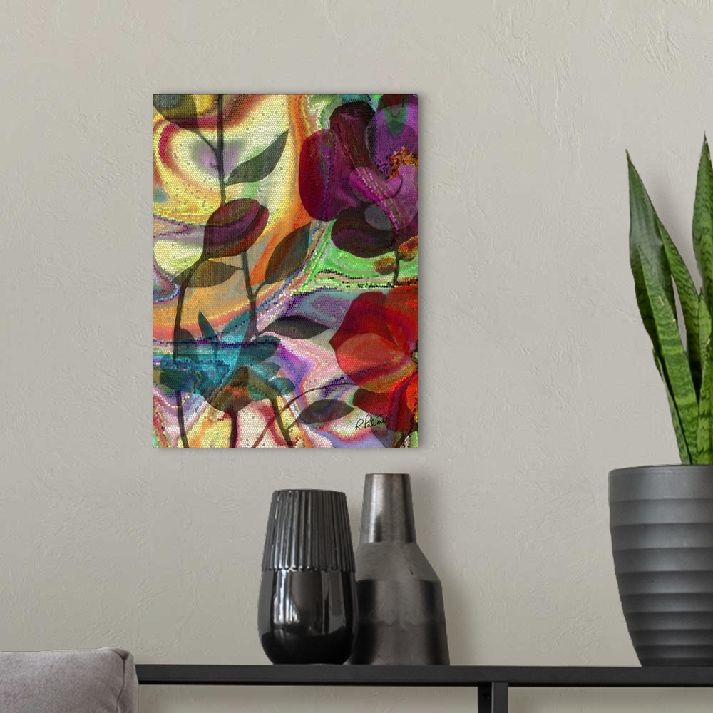 A modern room featuring Colorful floral art made in a mosaic style.
