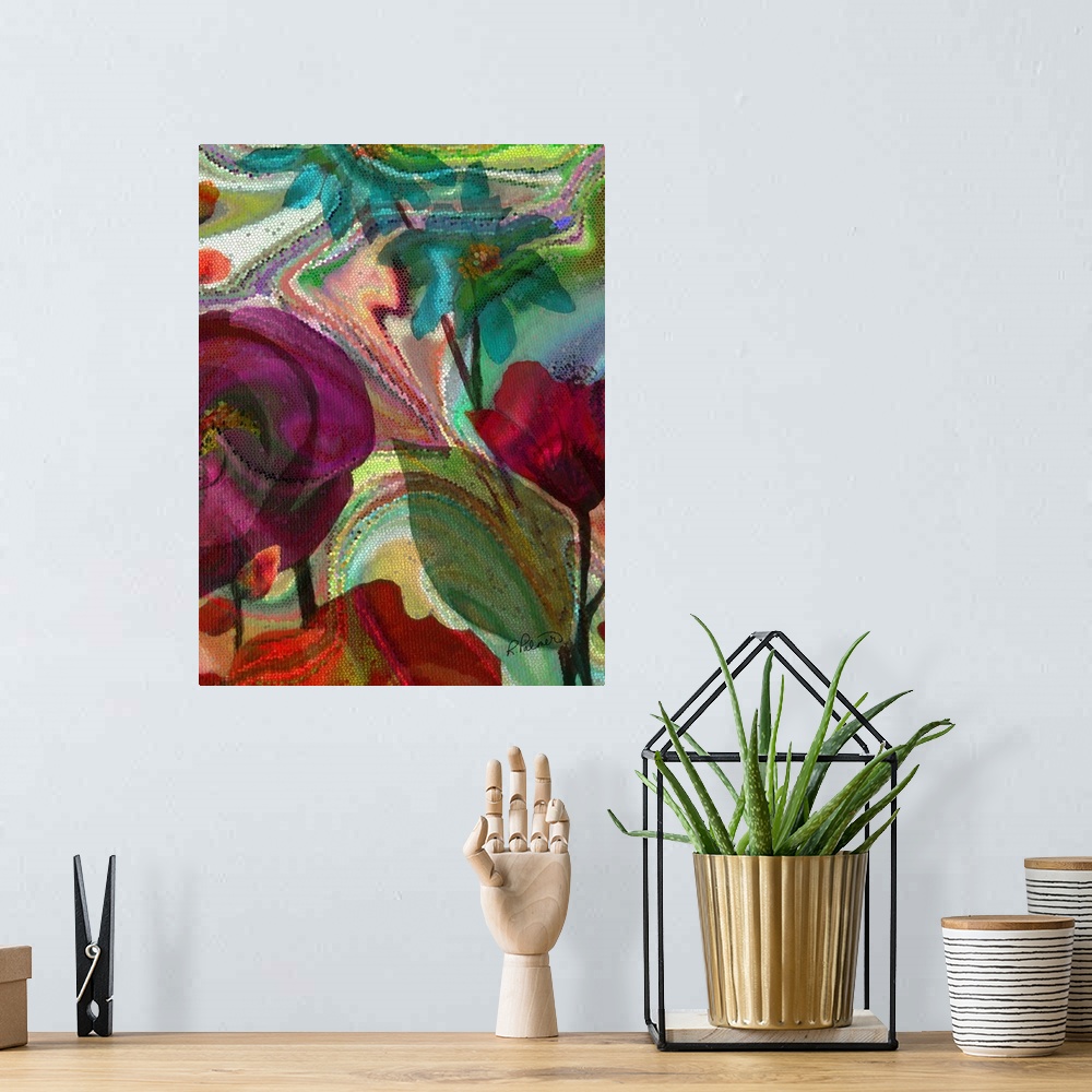 A bohemian room featuring Colorful floral art made in a mosaic style.