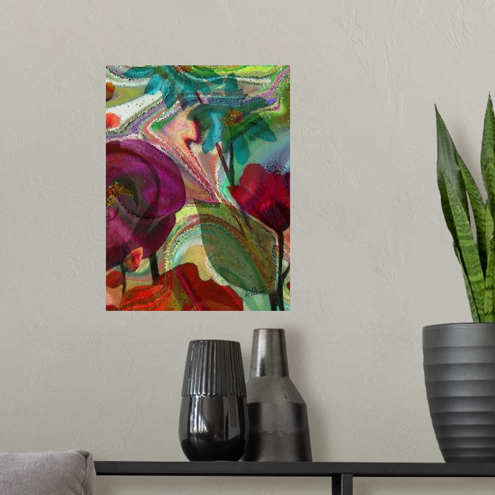 A modern room featuring Colorful floral art made in a mosaic style.