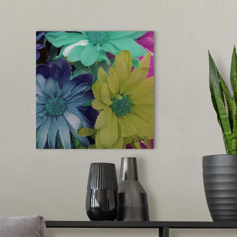 A modern room featuring A square image of a bouquet of daisies with a textured effect.