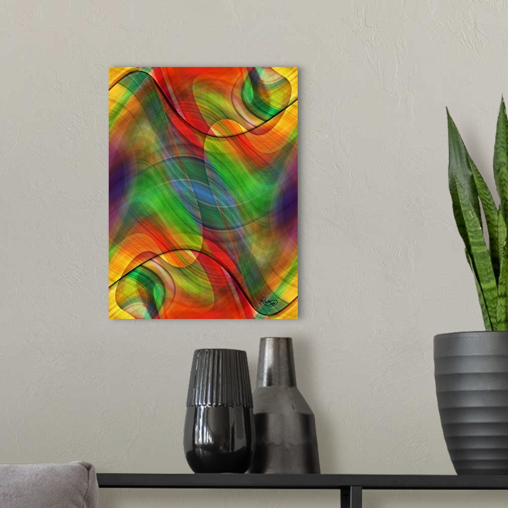 A modern room featuring Vertical abstract of swirled lines of vibrant colors such as red, green and yellow.