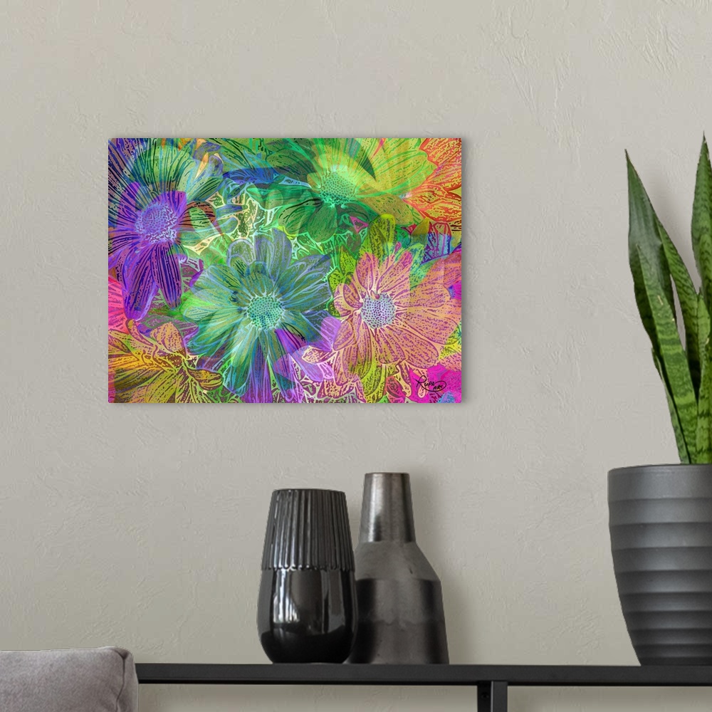 A modern room featuring Abstract art of layering daises in bright colors.