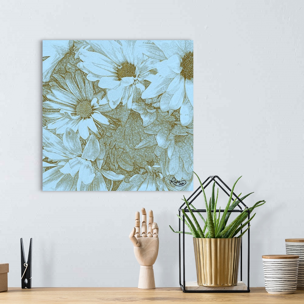 A bohemian room featuring Square sketch of daises close-up in light blue and gold.