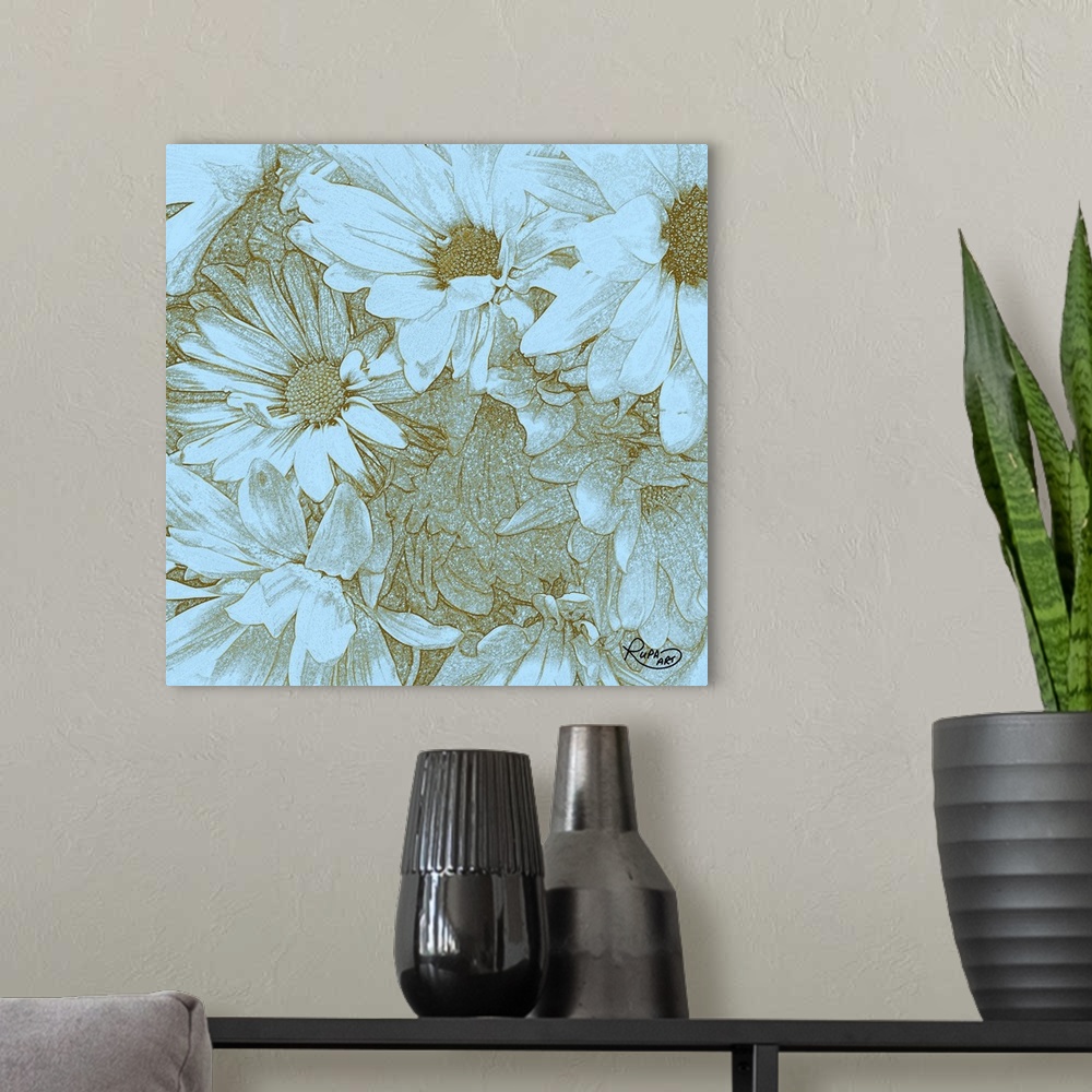 A modern room featuring Square sketch of daises close-up in light blue and gold.