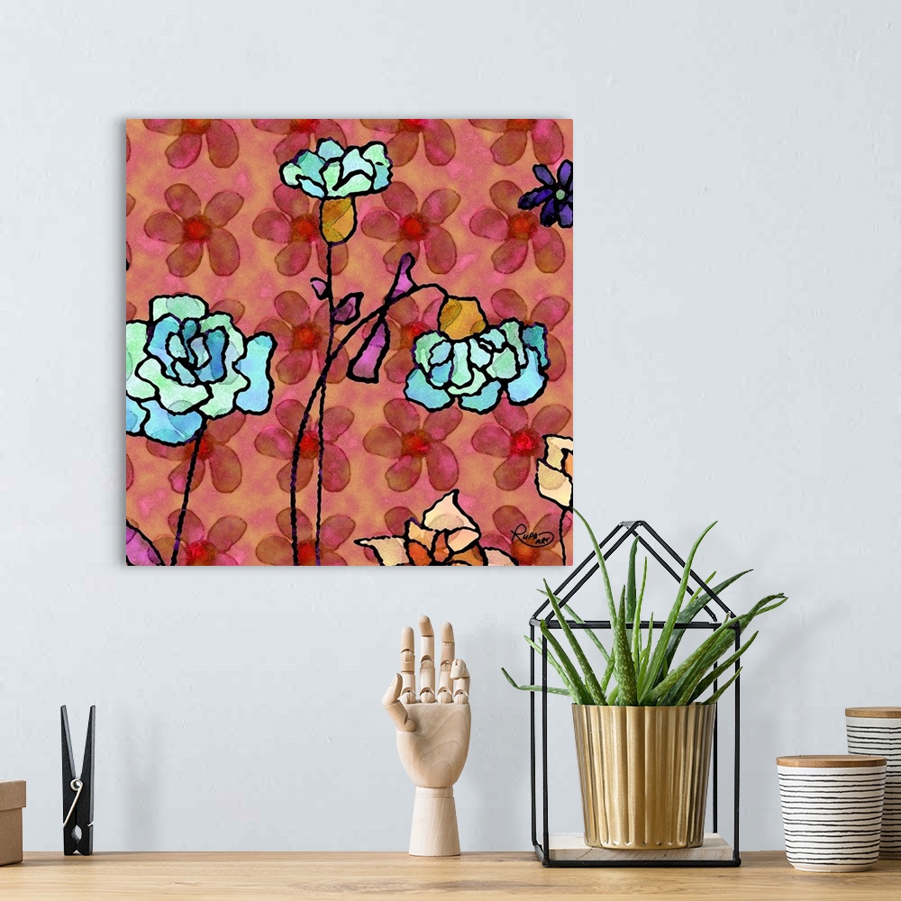 A bohemian room featuring Square abstract art with blue flowers outlined in black on a red and pink background with a flora...