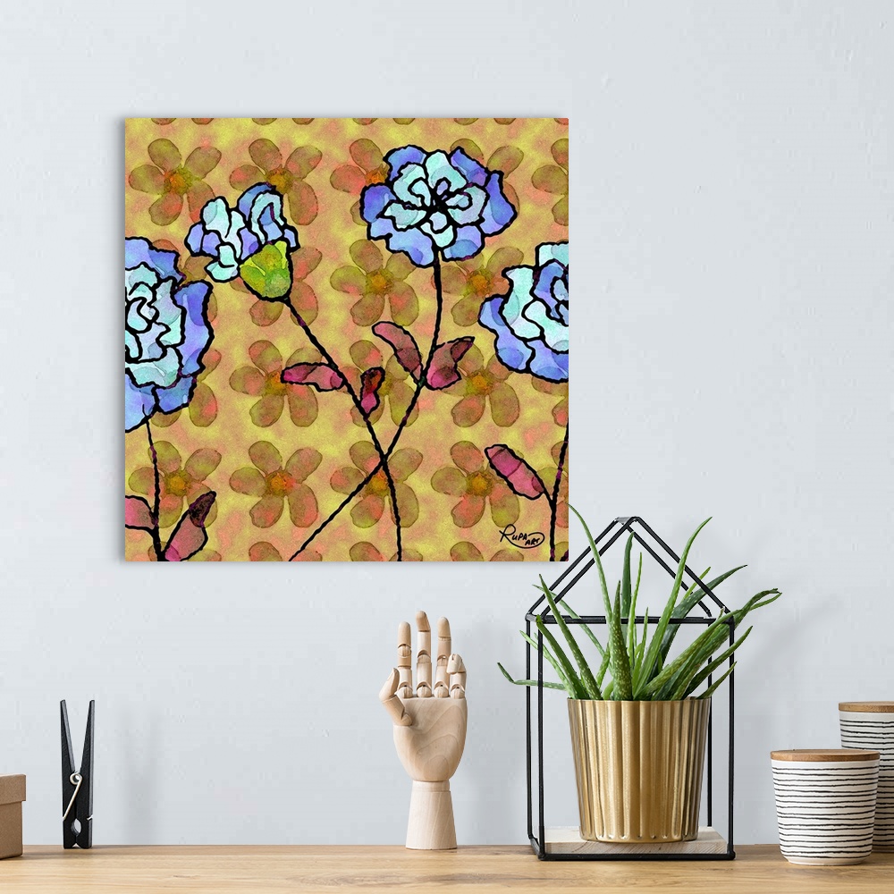 A bohemian room featuring Square abstract art with blue flowers outlined in black on a yellow and pink background with a fl...